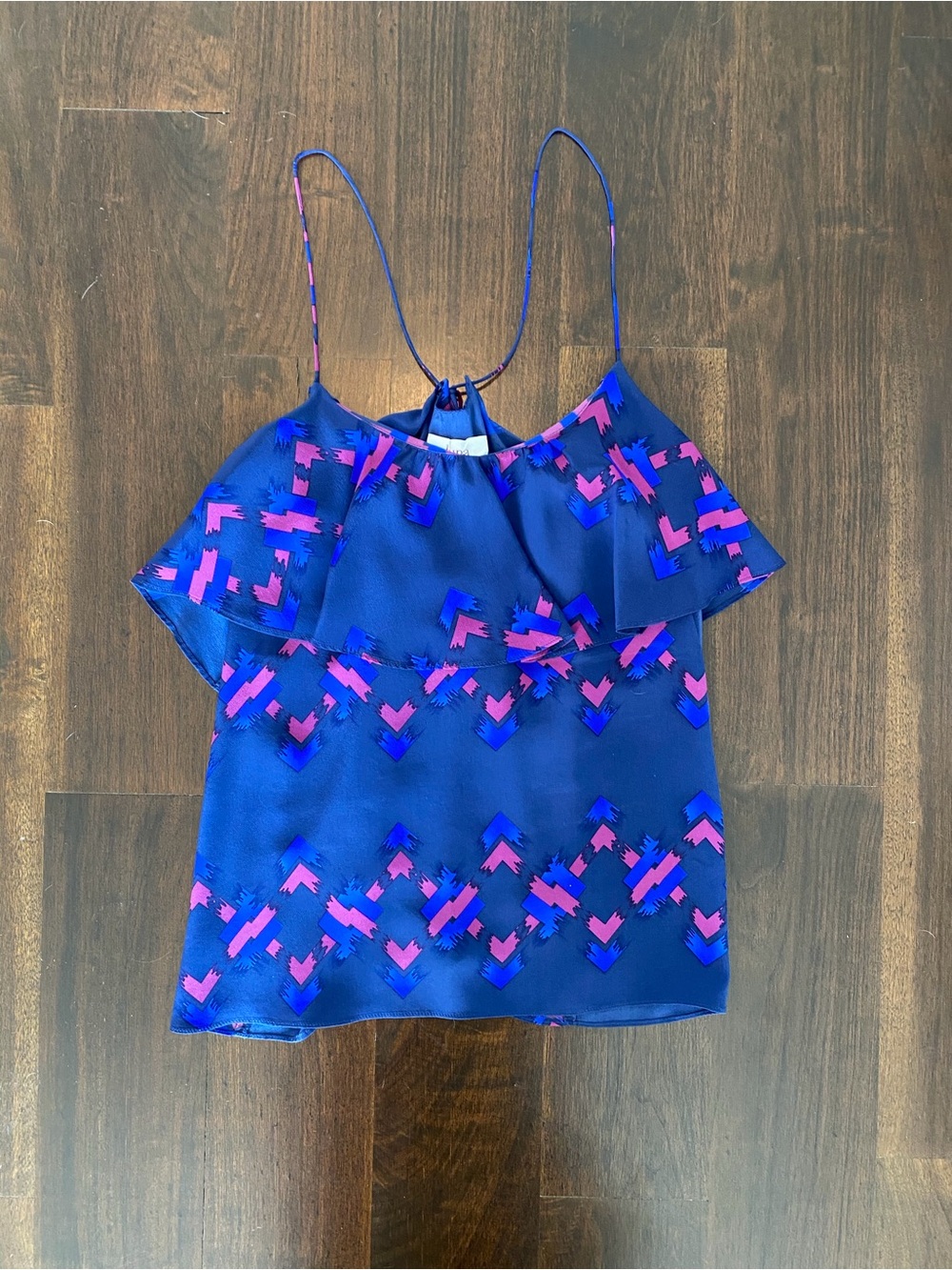 Luna Blue & Pink Geometric Silk Ruffle Cami Top, Size M